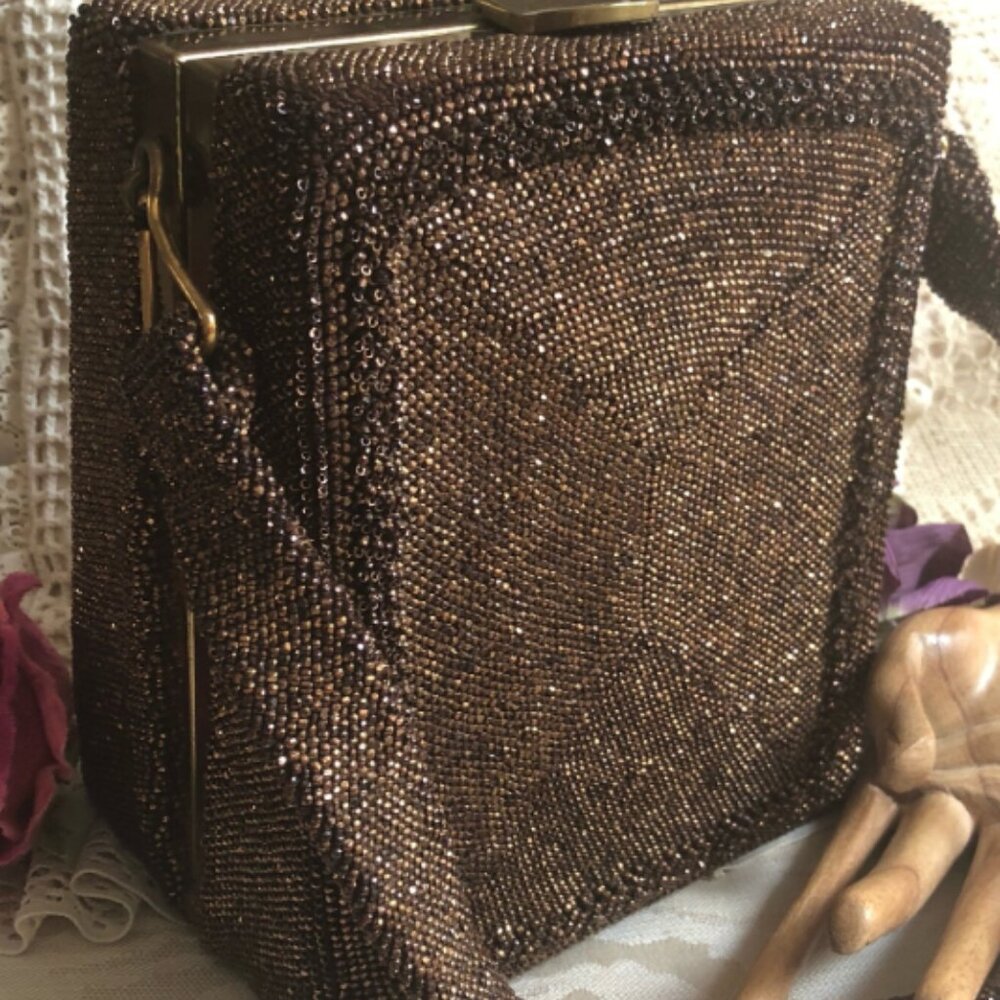 Vintage DU BONNETTE Mid Century Coppery Brown Beaded Evening Bag - Picture 4 of 13